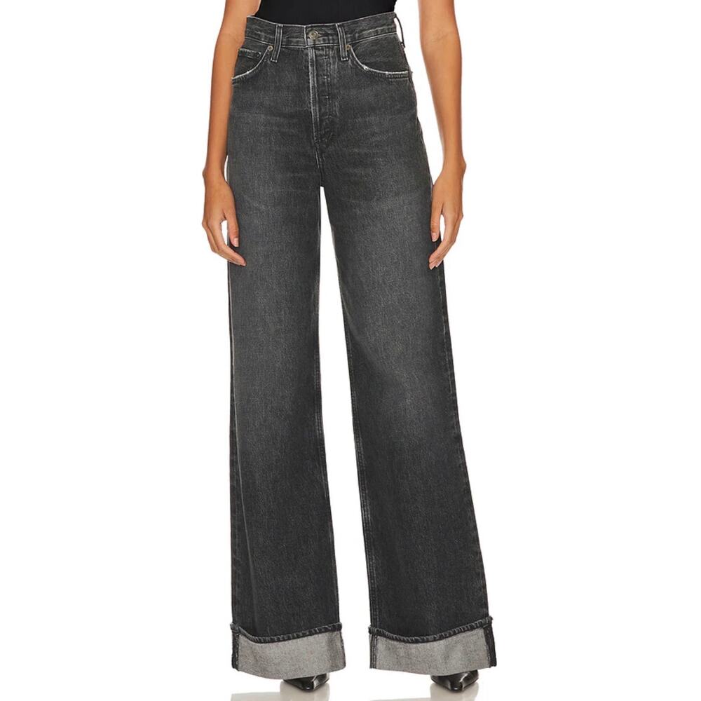 AGOLDE‎ Dame High Rise Wide Leg Size 25 Ditch Black Jeans Cuffed